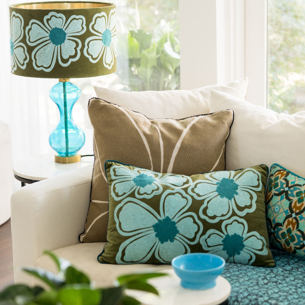 Velvet Lumbar Cushion - Hibiscus - Olive / Blue