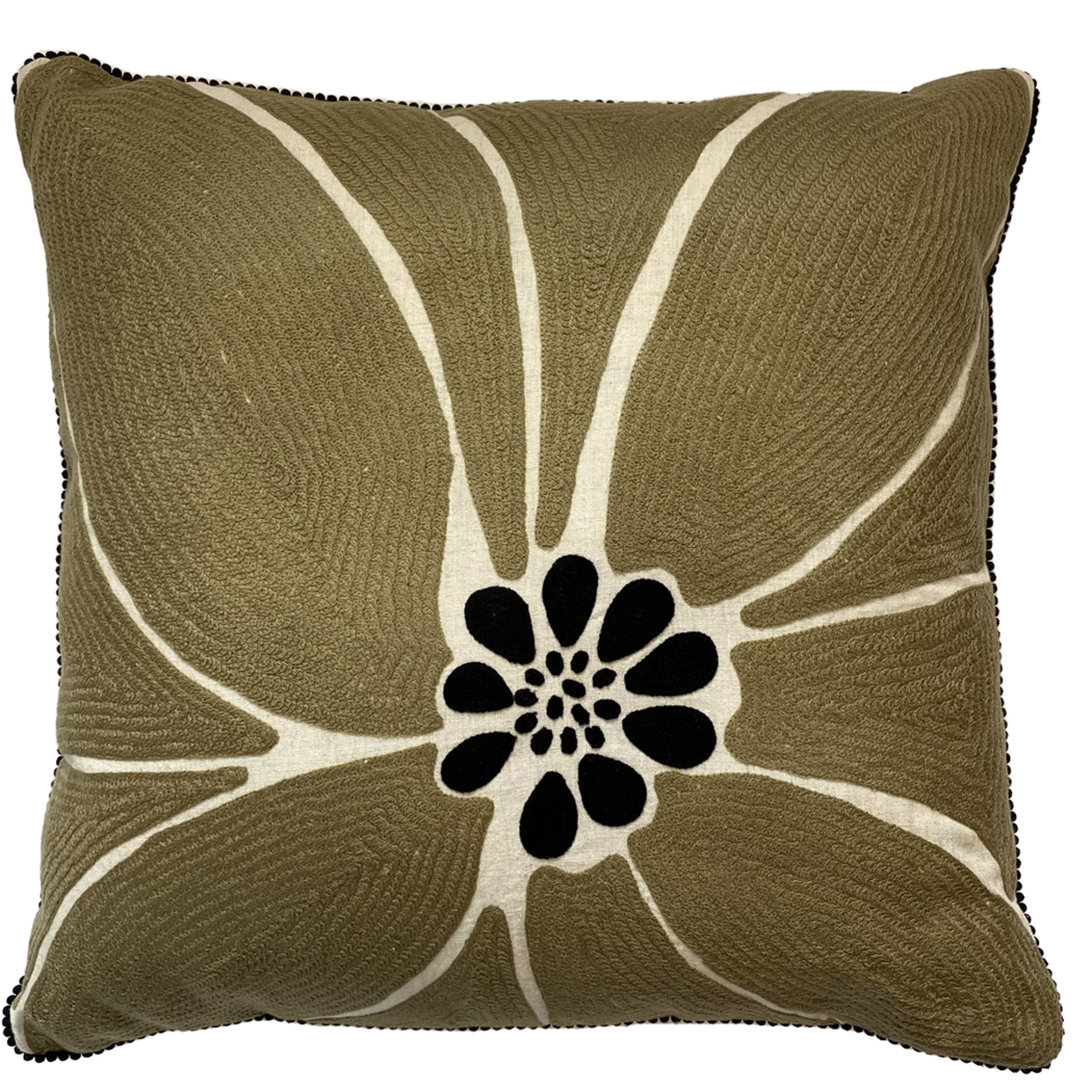  Embroidered Taupe pillow featuring an abstract flower design, the natural colour palate can be paired with just about anything.