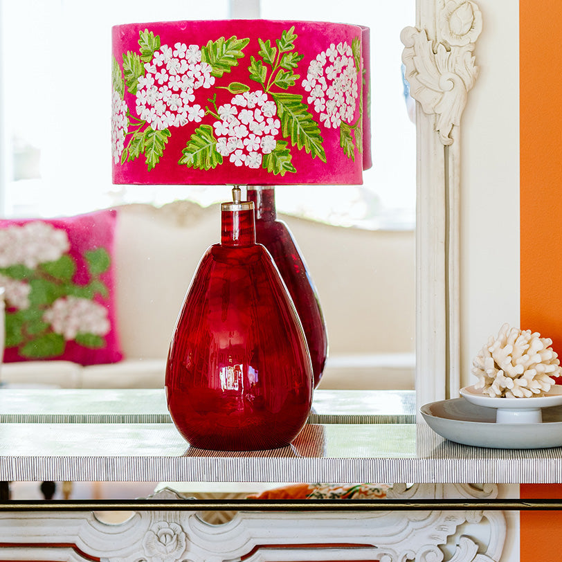 Embroidered Velvet Drum Lamp Shades - Hydrangea - Fuchsia