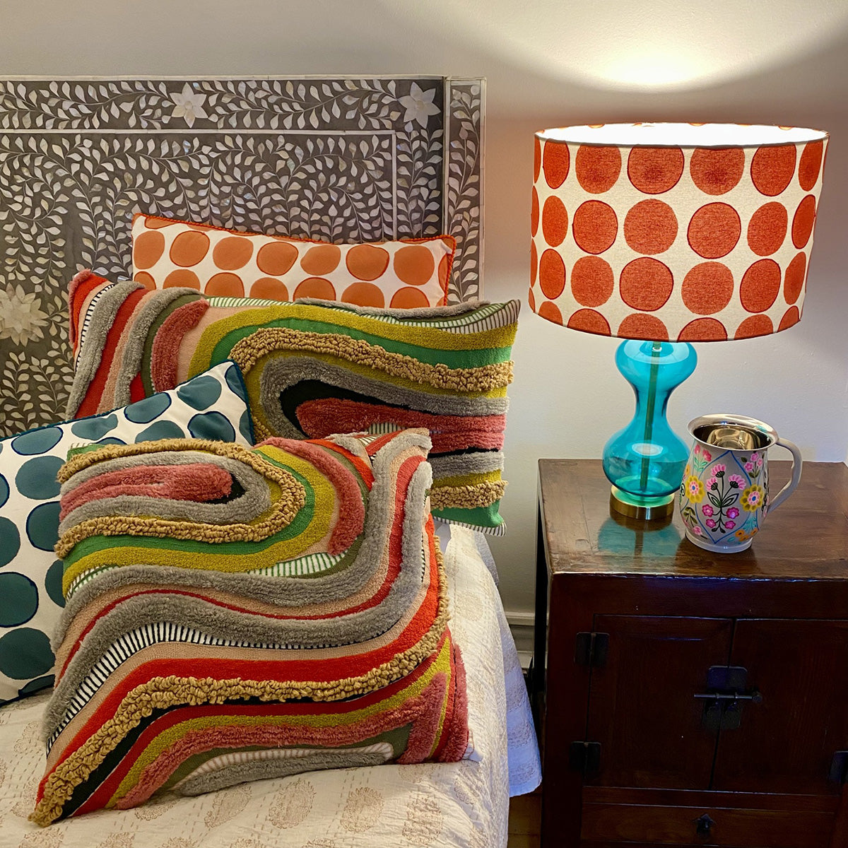 Lumbar Cushion - Embroidered Polka Dot - Orange