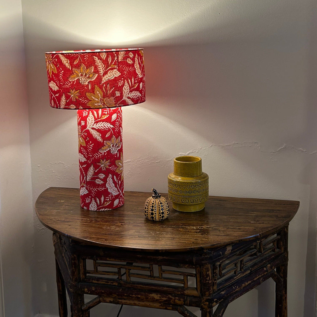 Red floral cotton lamp base and shade set