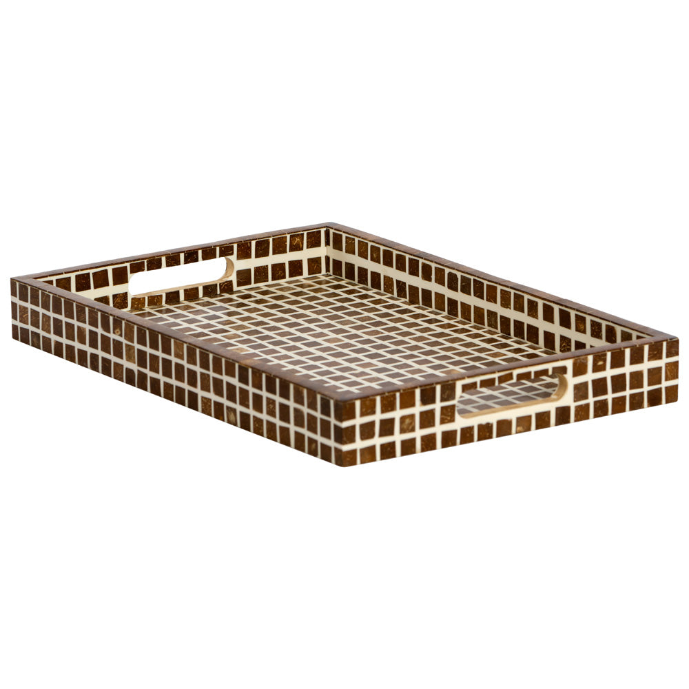 Geometric Coconut Inlay Tray - Brown